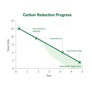 Line graph showing carbon footprint decreasing from 15 tons to 3 tons over 5 years
