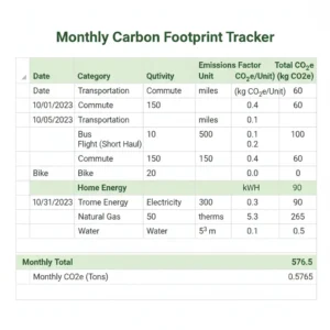 Screenshot of carbon footprint tracking spreadsheet showing monthly data entry fields and automatic calculations