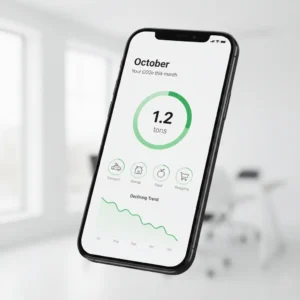 Mobile phone displaying carbon tracking app with monthly emissions graph and category breakdown