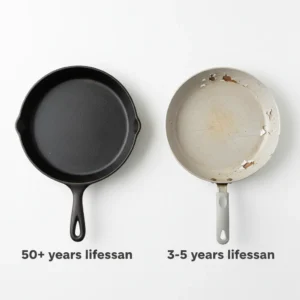 Vintage cast iron skillet next to modern nonstick pan showing durability comparison and lifespan data