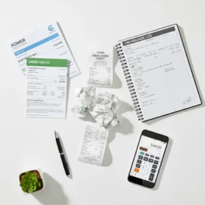Utility bills, receipts, and documents organized on desk for carbon footprint calculation