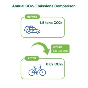 Infographic showing emissions saved by replacing car commute with electric bike for one yea
