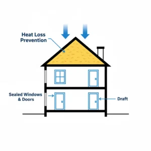 Cross section diagram of house showing insulation in attic and air sealing around windows reducing energy loss