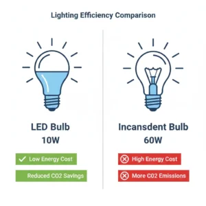 Side by side comparison showing LED bulb using 75 percent less energy than incandescent bulb