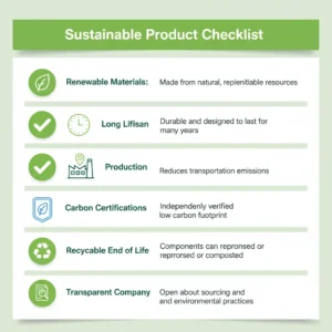 Visual checklist showing key criteria for choosing low carbon products including materials, lifespan, and certifications