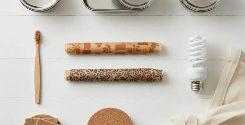 Collection of eco friendly low carbon products including bamboo items, reusable containers, and natural materials arranged aesthetically