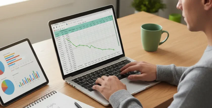 Person reviewing carbon footprint tracking spreadsheet and charts showing emissions reduction progress over tim
