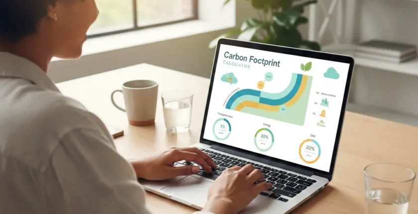 Person using carbon footprint calculator on laptop with charts and data displayed on screen