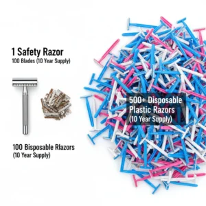Visual comparison of waste generated by safety razor versus disposable razors over 10 years