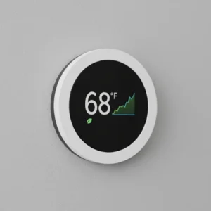 Modern smart thermostat mounted on wall showing temperature settings and energy savings data