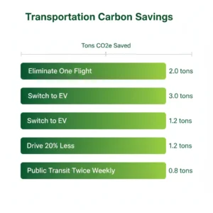 Bar chart comparing carbon emissions savings from eliminating flights, driving less, switching to EV, and using public transit