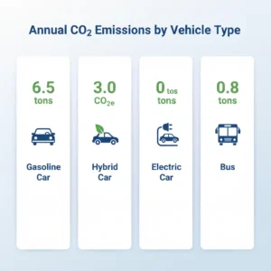 Infographic comparing carbon emissions from gas car, hybrid car, electric car, and public transportation