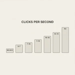 CPS score levels chart showing beginner to expert clicking speed ranges from 5 to 15 plus clicks per second