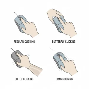 Mouse clicking techniques comparison showing regular butterfly jitter and drag clicking methods for improving CPS