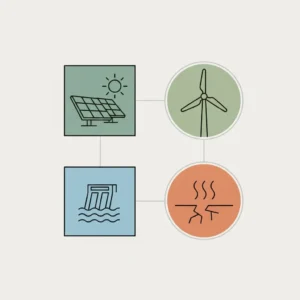 Renewable energy sources including solar panels, wind turbines, hydropower, and geothermal