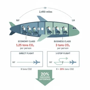 Transportation carbon footprint airplane cross section showing economy class at 1.25 tons CO2 per person versus business class at 3 tons