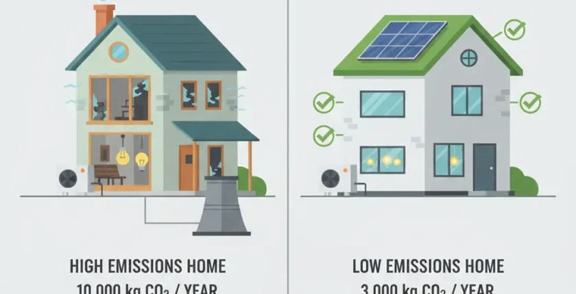 Home energy carbon footprint reduction comparison showing old inefficient home at 10,000 kg CO2 versus upgraded efficient home at 3,000 kg CO2