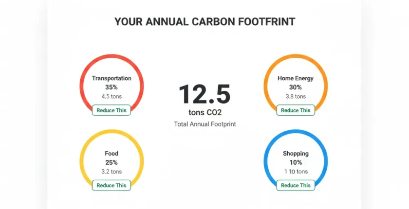 Personal carbon footprint calculator results showing transportation 35%, home energy 30%, food 25%, shopping 10% with action buttons