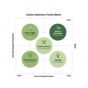 Personal carbon footprint calculator action priority matrix showing switch to renewables as easy high impact versus reduce flights as hard high impact