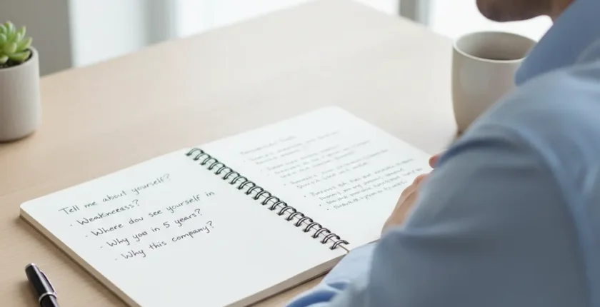 Notebook showing common interview questions