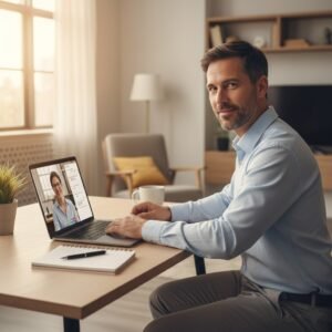 Professional preparing interview responses using STAR method with notes and laptop