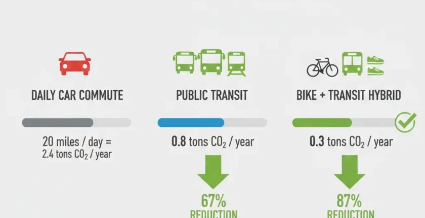 Transportation carbon footprint scenarios comparing car commute at 2.4 tons CO2 versus public transit at 0.8 tons and bike combination at 0.3 tons yearly