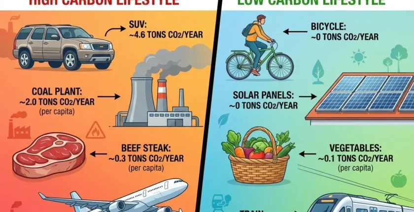 Carbon footprint definition comparison showing high emission lifestyle with SUV and beef versus low emission lifestyle with bicycle and vegetables