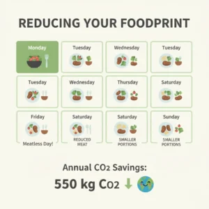 Food carbon footprint reduction calendar showing Meatless Monday highlighted in green saving 550 kg CO2 annually
