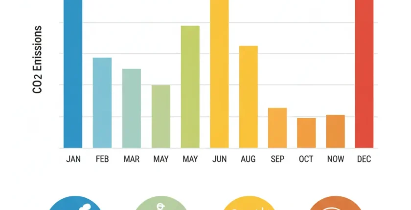 Seasonal carbon footprint monthly bar chart showing emission peaks in January through March for winter heating and June through August for summer cooling