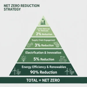 Net zero carbon vs carbon neutral strategy showing four reduction layers from energy efficiency 90% to carbon removal 2% for residuals