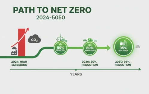 Net zero carbon vs carbon neutral pathway showing emission reduction milestones from 2024 to 2050 with renewable energy and carbon capture