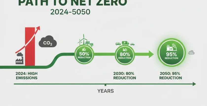Net zero carbon vs carbon neutral pathway showing emission reduction milestones from 2024 to 2050 with renewable energy and carbon capture