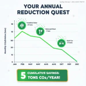 Reduce carbon footprint annual progress graph showing decline from 16 tons to 11 tons with milestones for solar installation, reduced meat, sold car