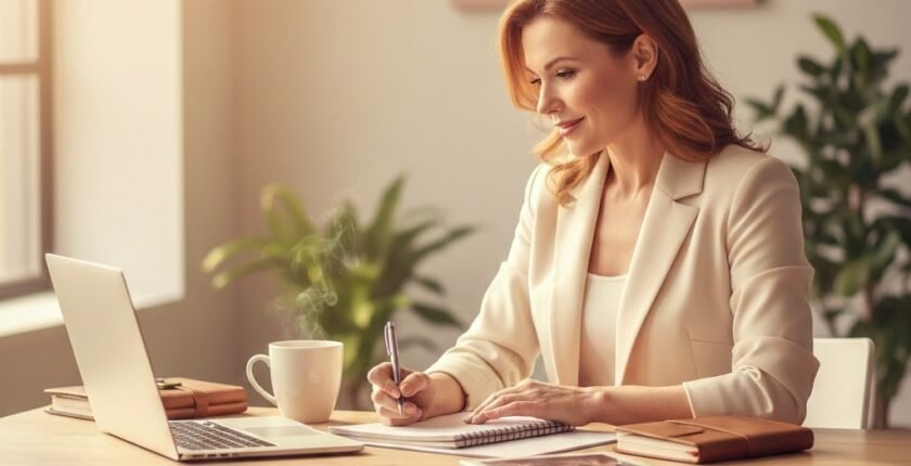 Professional woman planning career transition strategy with laptop and notebook at modern workspace