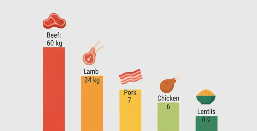 Food carbon footprint comparison bar chart ranking proteins from beef at 60kg CO2 to lentils at 0.9kg per kilogram