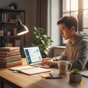 Student using AI tools for studying with laptop showing ChatGPT and educational apps