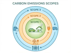 Carbon footprint definition illustrated through three scope circles showing direct emissions, indirect energy, and supply chain