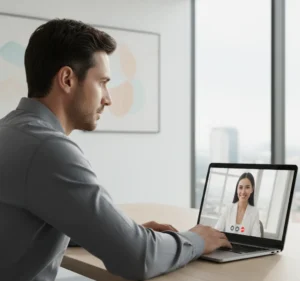 Candidate attending a video interview on laptop