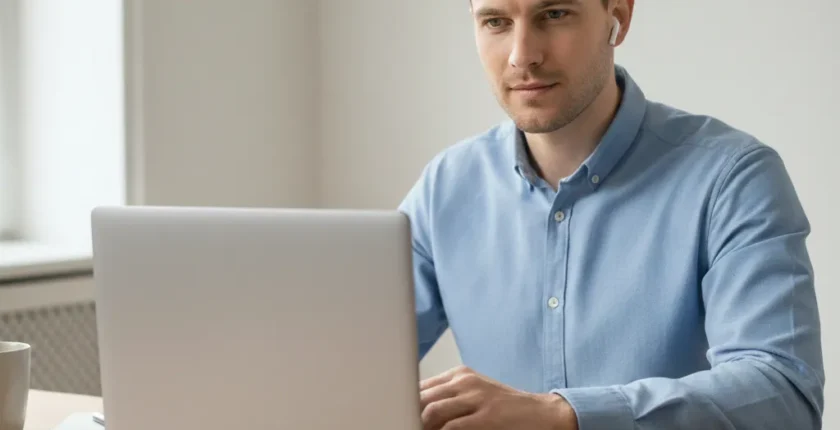 Candidate attending a video interview on laptop