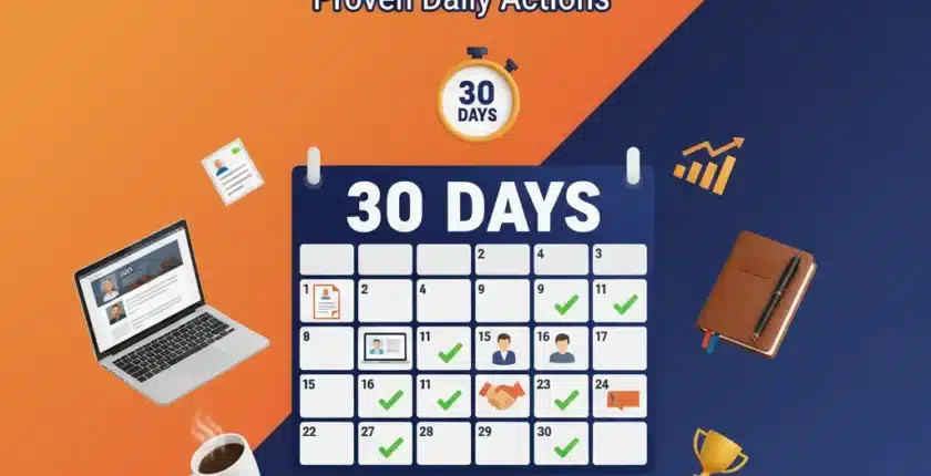 30-day calendar with job search activities marked showing systematic daily plan and achievement