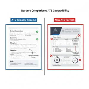 Side by side comparison of ATS-friendly resume format versus non-ATS-friendly format with annotations
