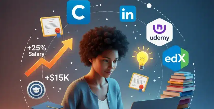 Professional learning online with major course platform logos and salary increase statistics