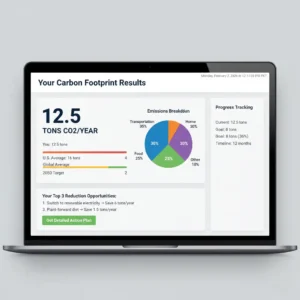 Carbon footprint calculator tool interface showing results dashboard with reduction recommendations