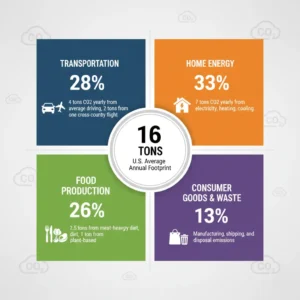 Carbon footprint sources diagram showing transportation, home energy, food, and waste emissions