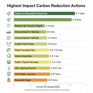 Carbon footprint reduction strategies ranked by impact showing renewable energy saves most
