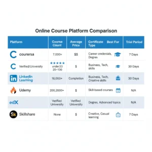 Comparison chart of top 5 online learning platforms showing courses, pricing, and certifications