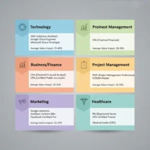 Grid showing certification categories organized by career path with icons and examples