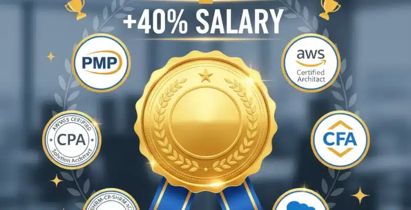 Professional certification medal surrounded by industry certification logos with salary increase arrow
