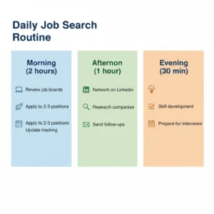 Daily job search checklist showing morning, afternoon, and evening activities with time blocks