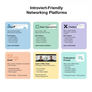 Grid showing 6 online networking platforms ideal for introverted professionals with descriptions